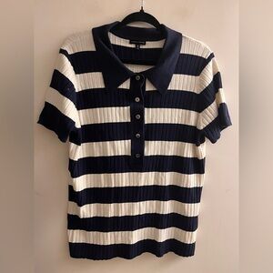 Universal Standard Navy and White Tencel-Cotton-Silk Knit Striped Polo Top - M